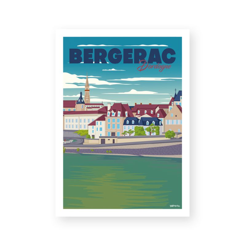 Affiche illustrée de Bergerac, en style néo-rétro vintage par Pignon Sur Rue
