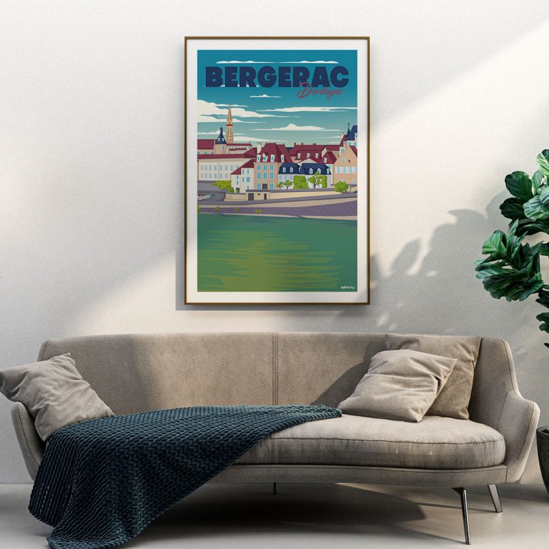 Affiche illustrée de Bergerac, en style néo-rétro vintage par Pignon Sur Rue